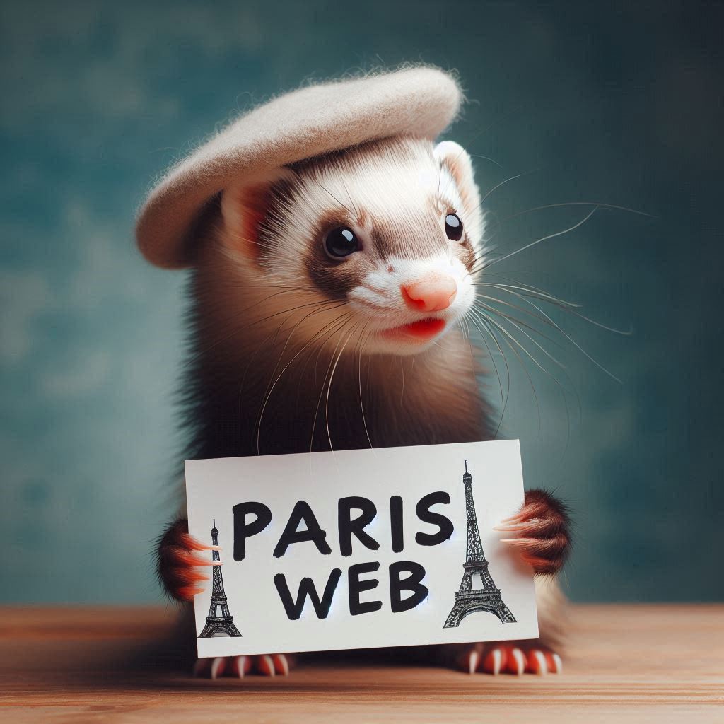 Image d'un furet tenant un écriteau sur lequel est écris Paris Web